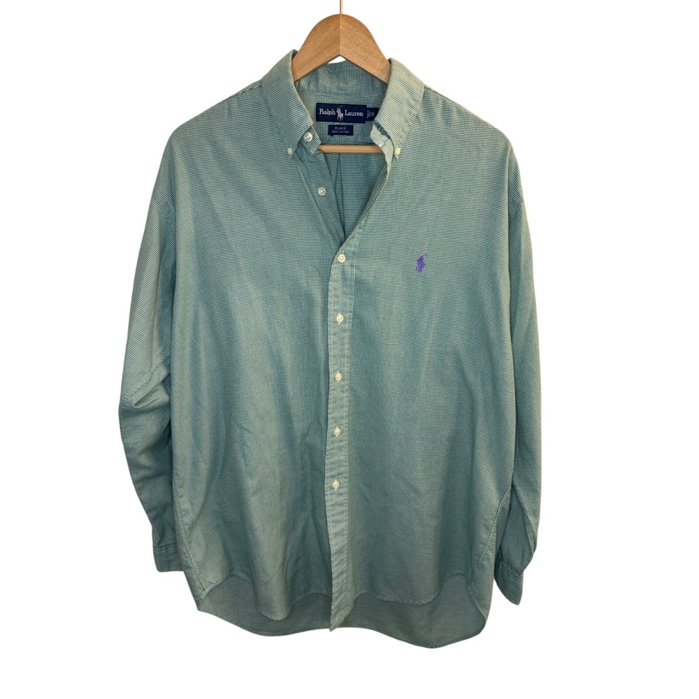 Ralph Lauren Blake Mens Green White Houndstooth Cotton Button Down Shirt Size M
